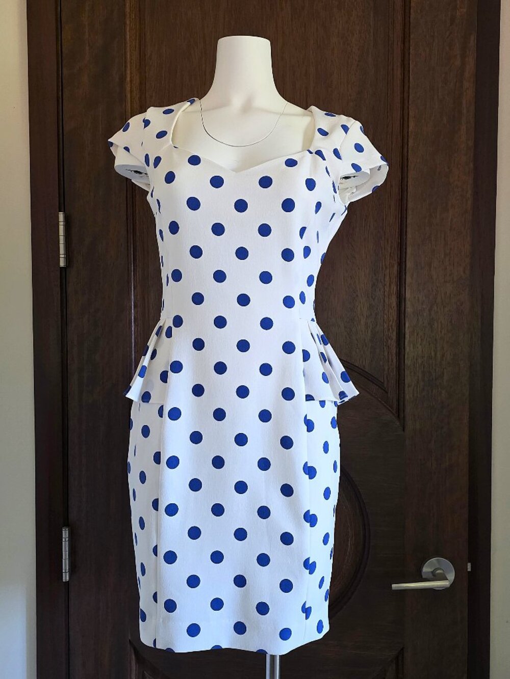 VINTAGE Betsey Johnson Size 4 Blue & White Polka Dot Fitted Dress Excellent Cond